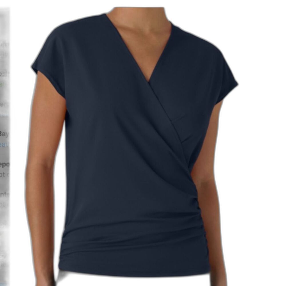 HAKARA XL DEEP SAPPHIRE BLUE V NECK CAP SLEEVE CROSSOVER RUCGDX WORK BLOUSE